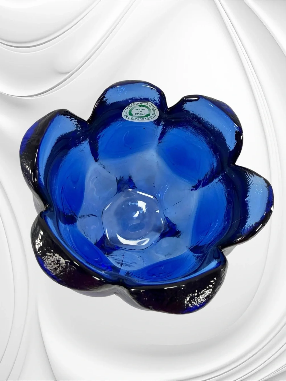 Cobalt Blue Tulip Flower Glass Trinket Dish Bowl Candle Holder Spain Recycled